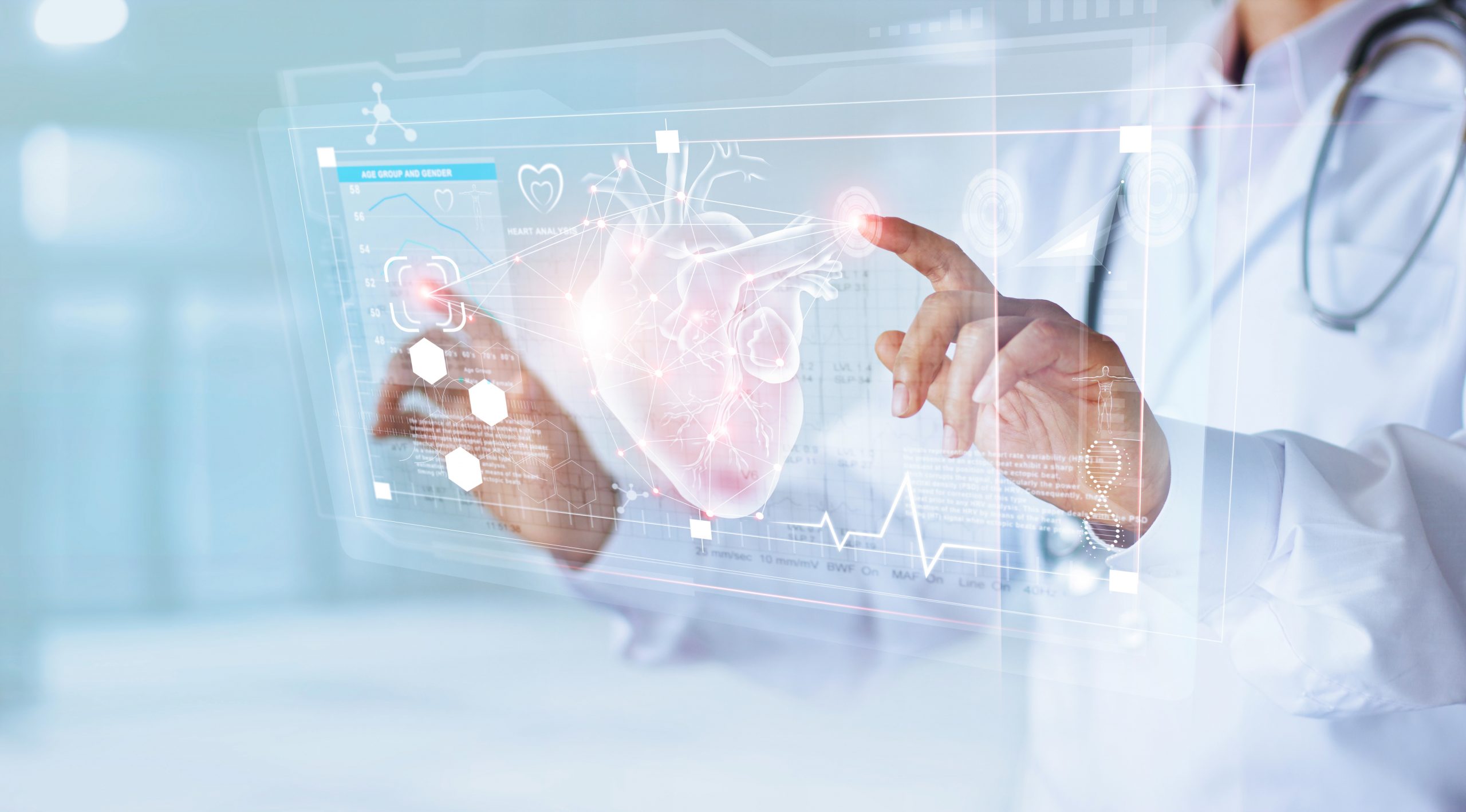 Medicine doctor with stethoscope touching icon heart and diagnostics analysis medical on modern virtual screen interface network connection. Medical technology diagnostics of heart concept Medicine doctor and stethoscope touching icon heart and diagnostics analysis medical on modern virtual screen interface network connection. Medical technology diagnostics of heart concept